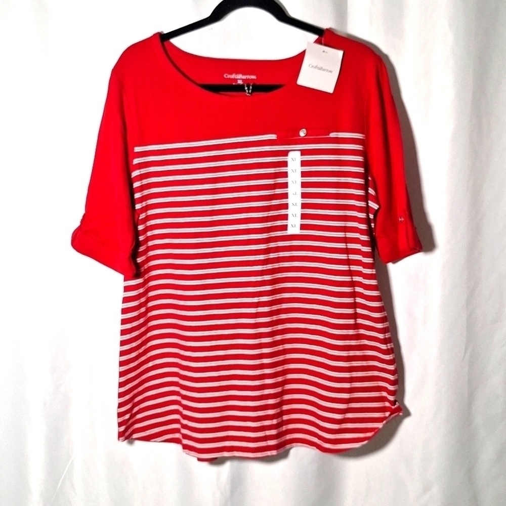 💥Croft & Burrow Women's Top Red and White Stripes Round Neck